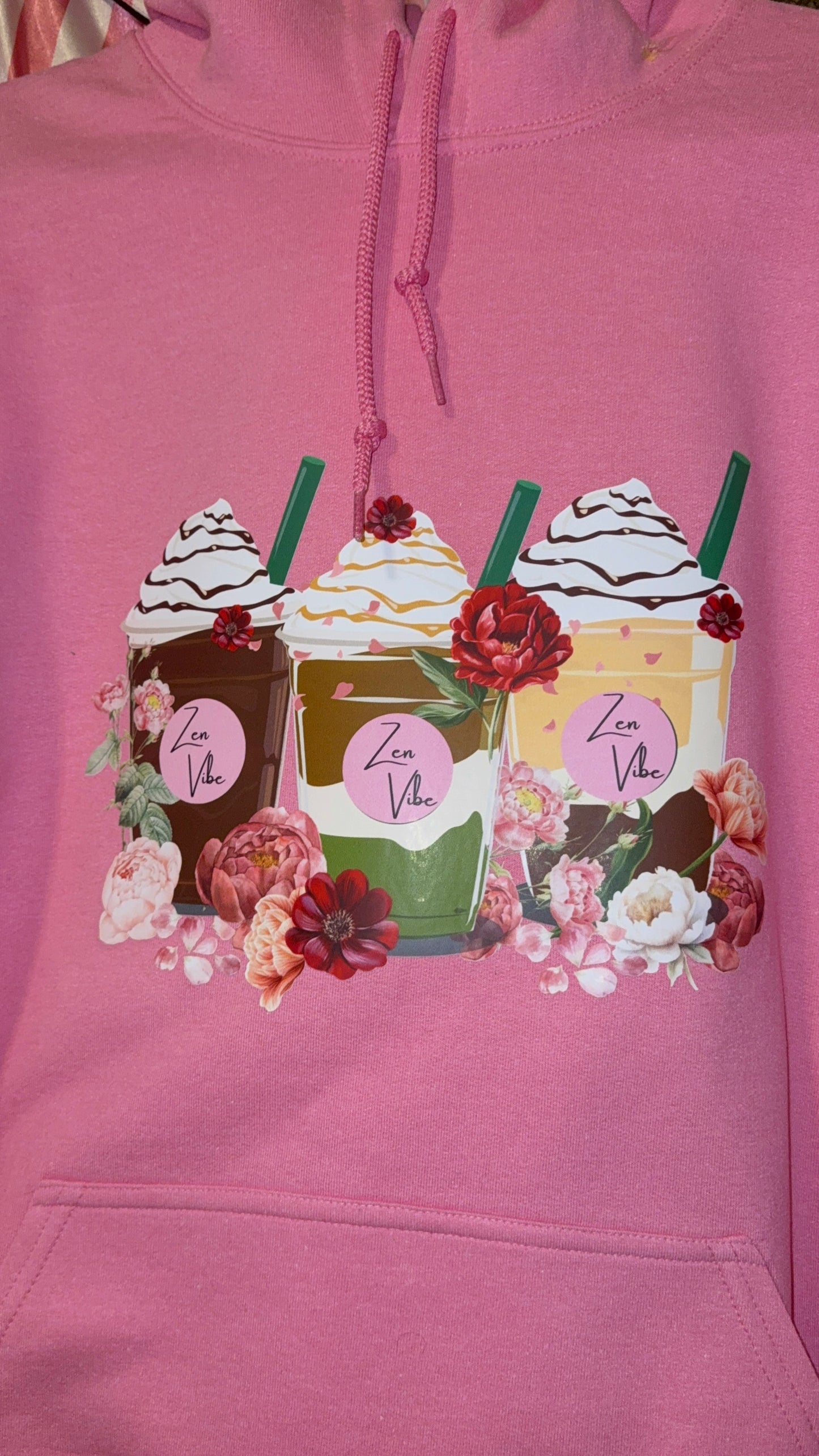 Zen Vibe Latte and peonies Hoodie | Adult unisex | front print