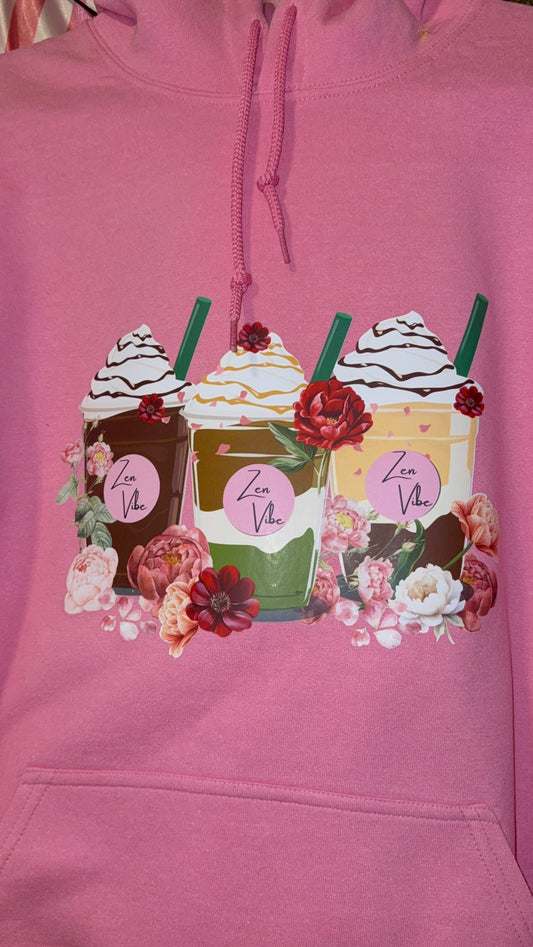 Zen Vibe Latte and peonies Hoodie | Adult unisex | front print