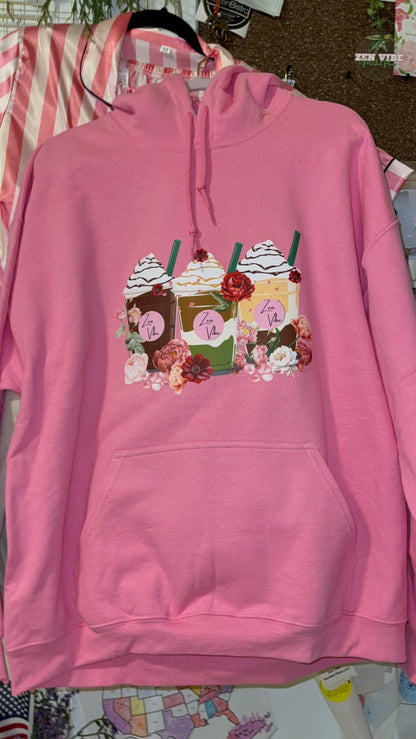 Zen Vibe Latte and peonies Hoodie | Adult unisex | front print