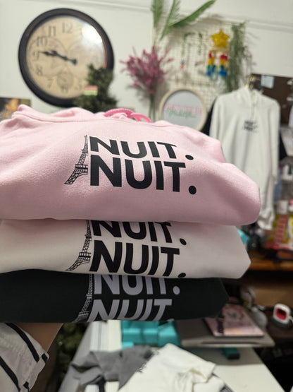 Nuit.Nuit.Eiffel Tower Hoodie  pocket size center chest| Adult Unisex