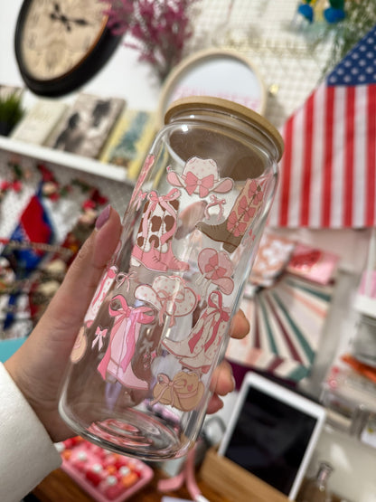 Pink Ribbon cowgirl boots and hats beercan glasscup set | 20 oz