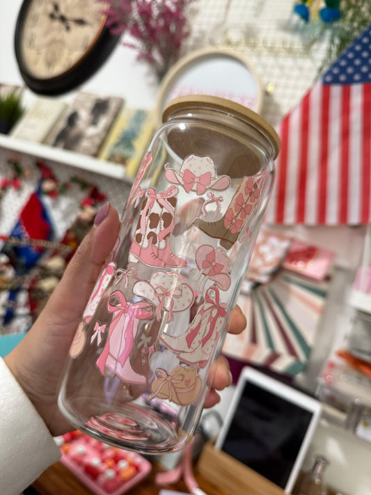 Pink Ribbon cowgirl boots and hats beercan glasscup set | 20 oz