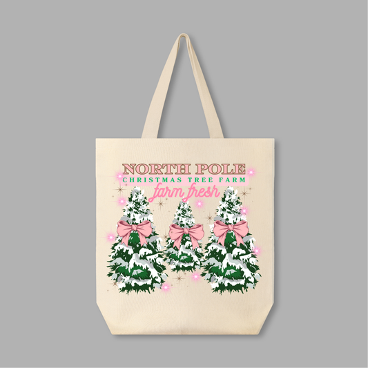 North Pole Christmas Tree Farm Pink Ribbons Tote | Standard size | one side print