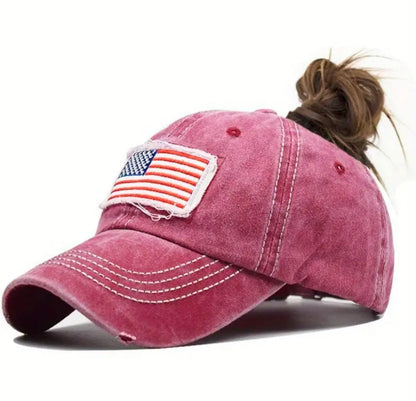 USA FLAG Patch embroidered PONYTAIL distressed baseball cap | adjustable size | left sided embroidered | Women's| limited stocks