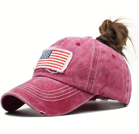 USA FLAG Patch embroidered PONYTAIL distressed baseball cap | adjustable size | left sided embroidered | Women's| limited stocks