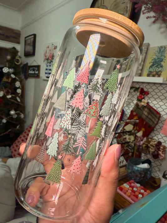 Pinkish Christmas Trees beercan glasscup set | 20 oz