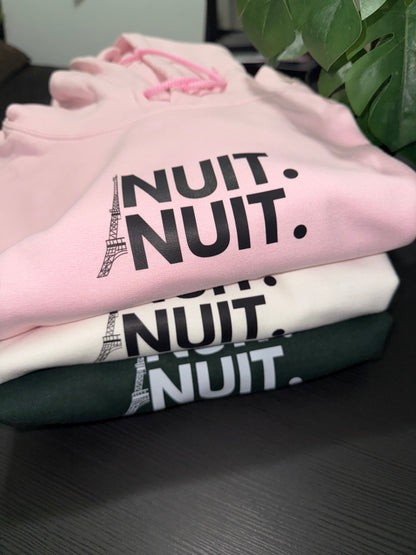 Nuit.Nuit.Eiffel Tower Hoodie  pocket size center chest| Adult Unisex