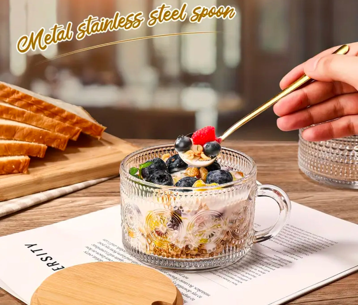 Vintage Coffee Glass Mug 3-piece set | Hot or  Cold | 14 fl oz | with bamboo lid and Stainless steel mini spoon | Limited Stocks