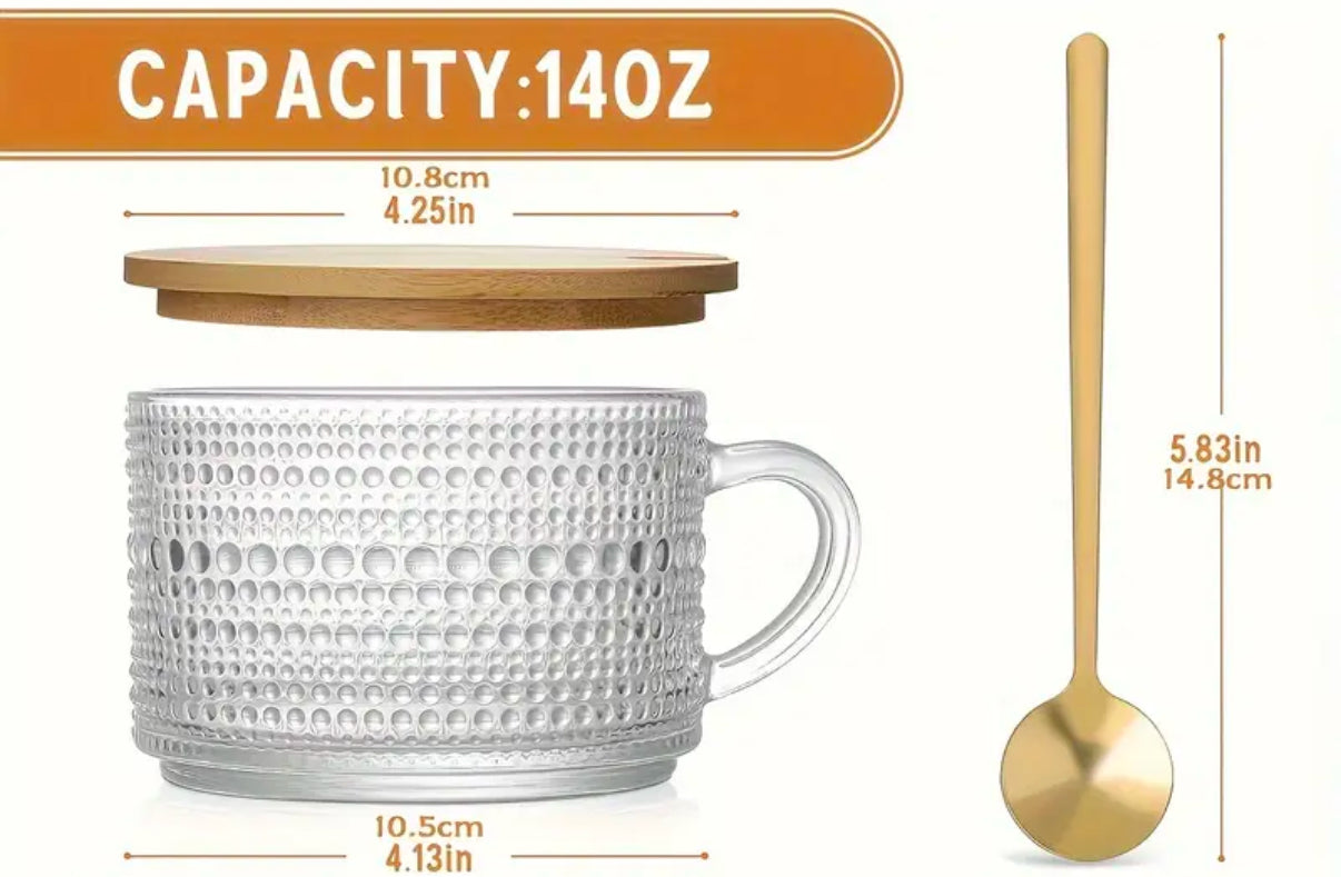 Vintage Coffee Glass Mug 3-piece set | Hot or  Cold | 14 fl oz | with bamboo lid and Stainless steel mini spoon | Limited Stocks