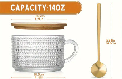 Vintage Coffee Glass Mug 3-piece set | Hot or  Cold | 14 fl oz | with bamboo lid and Stainless steel mini spoon | Limited Stocks