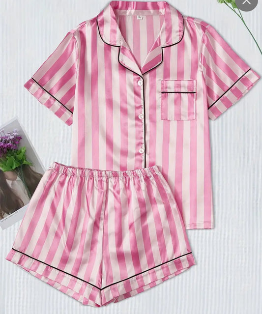 Pink Stripes Pajama set | button down top+shorts | short sleeves | Women's Pajama Set | Adult | Limited Stocks