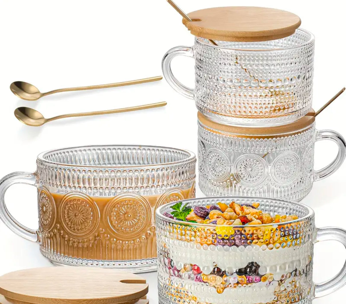 Vintage Coffee Glass Mug 3-piece set | Hot or  Cold | 14 fl oz | with bamboo lid and Stainless steel mini spoon | Limited Stocks