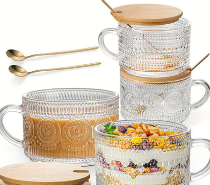 Vintage Coffee Glass Mug 3-piece set | Hot or  Cold | 14 fl oz | with bamboo lid and Stainless steel mini spoon | Limited Stocks
