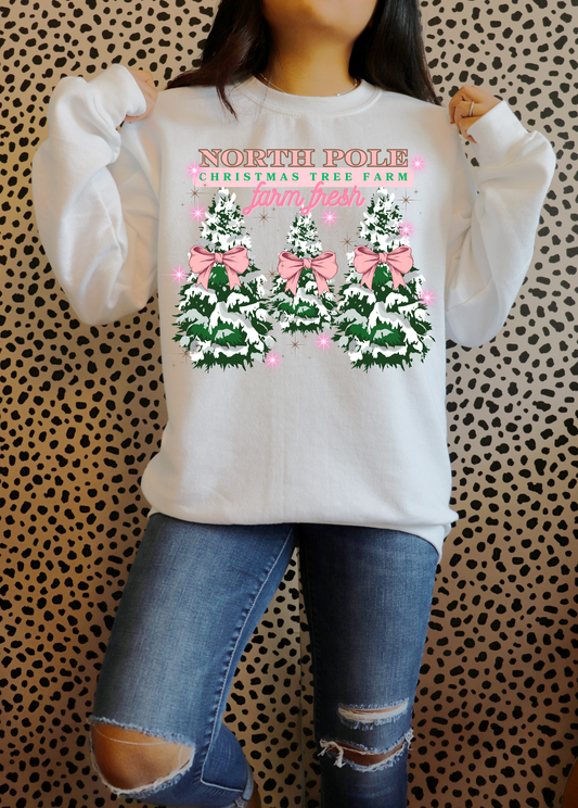 North Pole Christmas Tree Farm Pink Ribbons Sweatshirt | Adult Unisex | full chest print