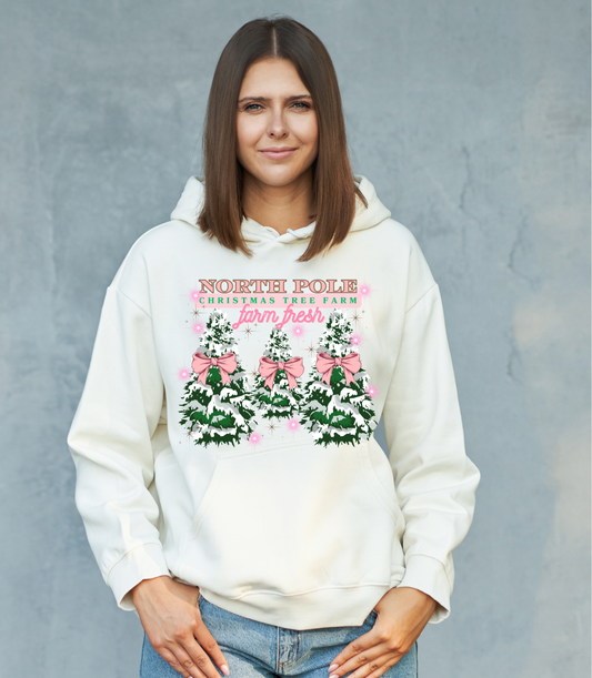 North Pole Christmas Tree Farm Pink Ribbons Hoodie | Adult unisex | front print