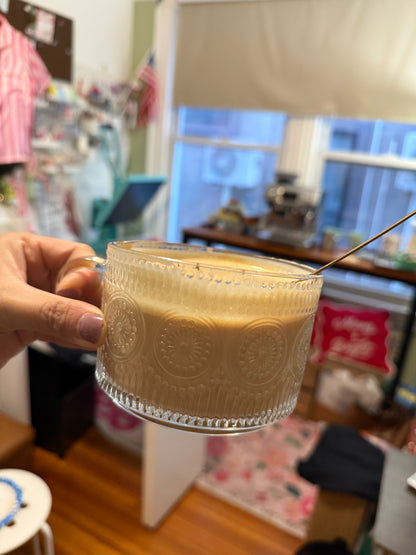 Vintage Coffee Glass Mug 3-piece set | Hot or  Cold | 14 fl oz | with bamboo lid and Stainless steel mini spoon | Limited Stocks