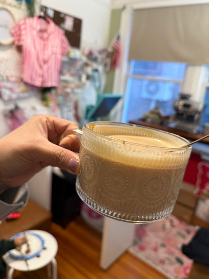 Vintage Coffee Glass Mug 3-piece set | Hot or  Cold | 14 fl oz | with bamboo lid and Stainless steel mini spoon | Limited Stocks