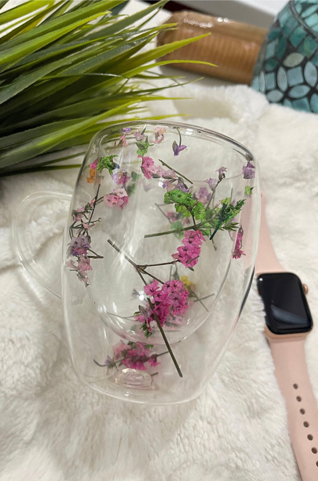 Borosilicate Espresso glass cup | Preserved Dried Flowers Double-Walled Glass Cup | Hot Cold | 350mL | Durable