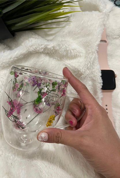 Borosilicate Espresso glass cup | Preserved Dried Flowers Double-Walled Glass Cup | Hot Cold | 350mL | Durable