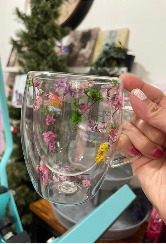 Borosilicate Espresso glass cup | Preserved Dried Flowers Double-Walled Glass Cup | Hot Cold | 350mL | Durable