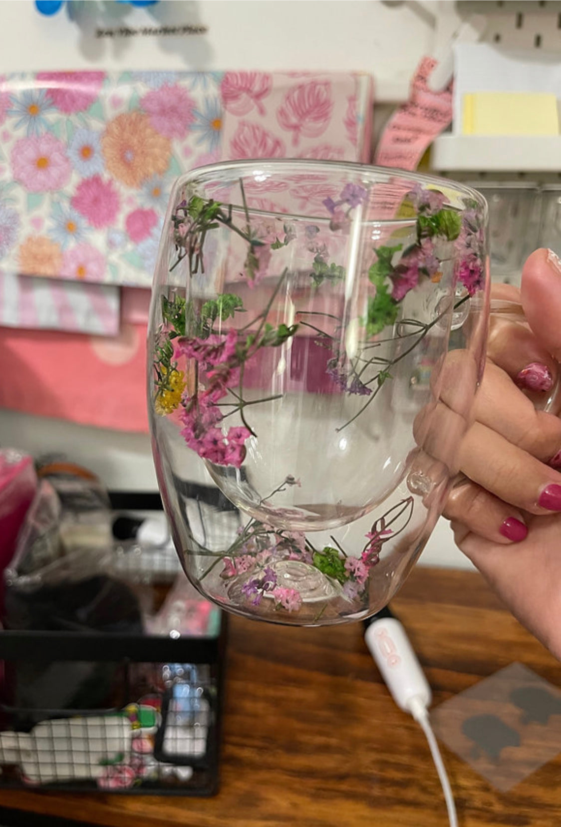 Borosilicate Espresso glass cup | Preserved Dried Flowers Double-Walled Glass Cup | Hot Cold | 350mL | Durable