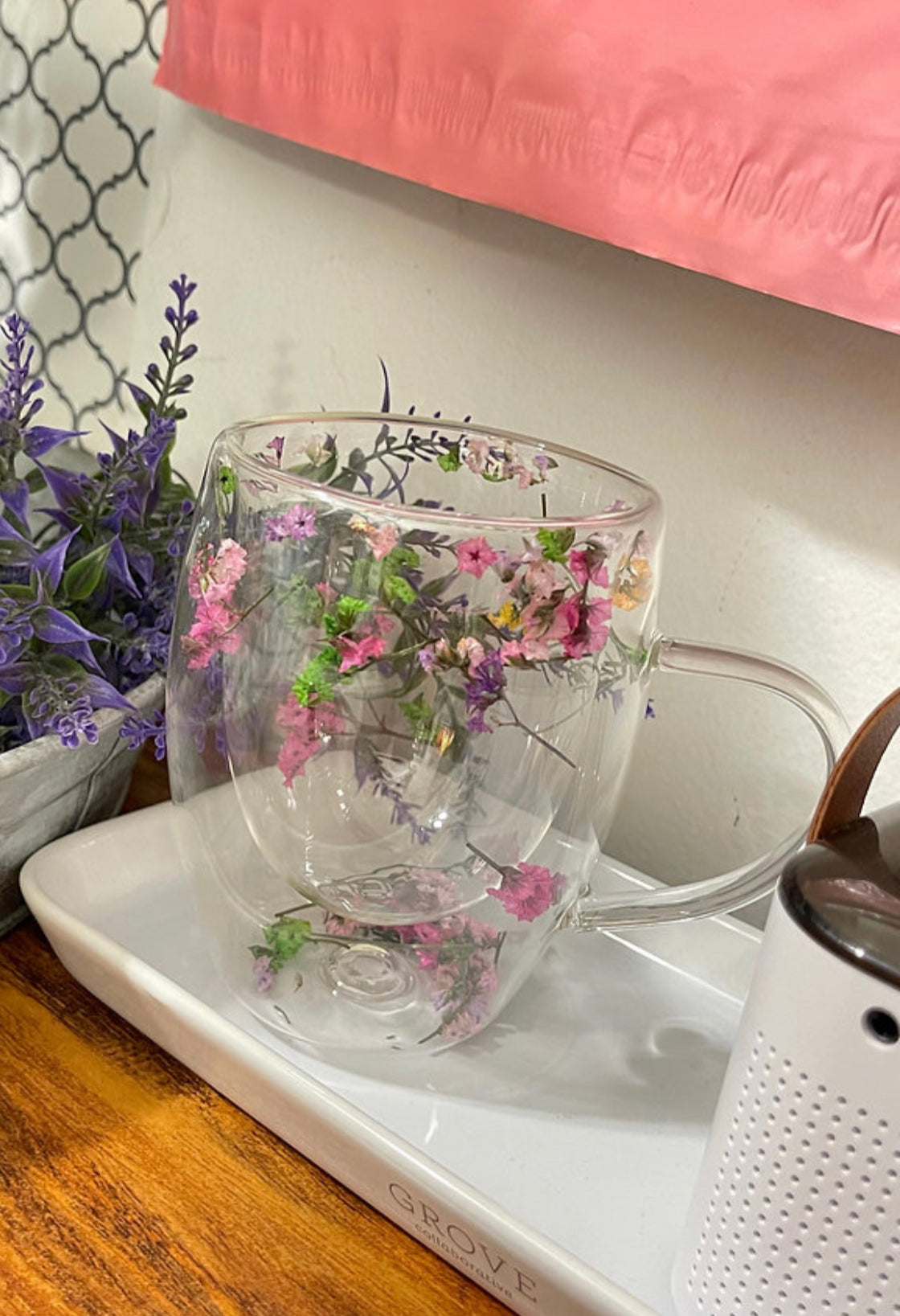 Borosilicate Espresso glass cup | Preserved Dried Flowers Double-Walled Glass Cup | Hot Cold | 350mL | Durable
