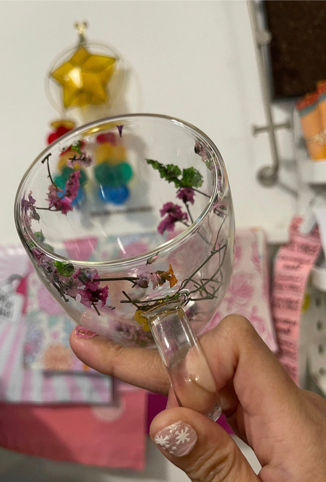 Borosilicate Espresso glass cup | Preserved Dried Flowers Double-Walled Glass Cup | Hot Cold | 350mL | Durable