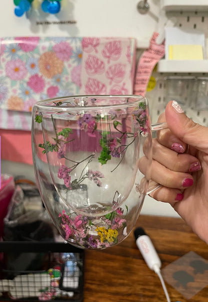 Borosilicate Espresso glass cup | Preserved Dried Flowers Double-Walled Glass Cup | Hot Cold | 350mL | Durable