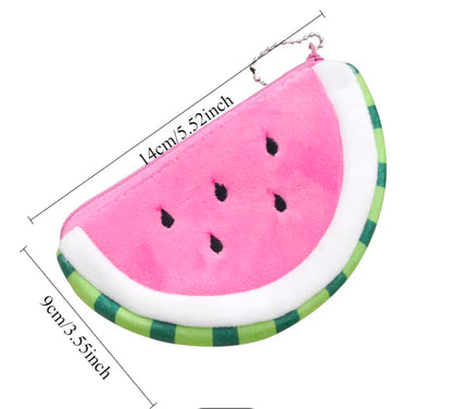 Cartoon Fruit Plush Mini Coin Purse with Zipper | Small PINK Watermelon shape | Soft Elastic Fabric