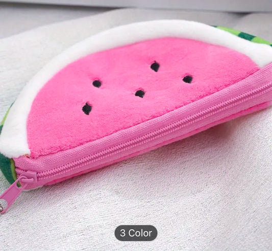 Cartoon Fruit Plush Mini Coin Purse with Zipper | Small PINK Watermelon shape | Soft Elastic Fabric