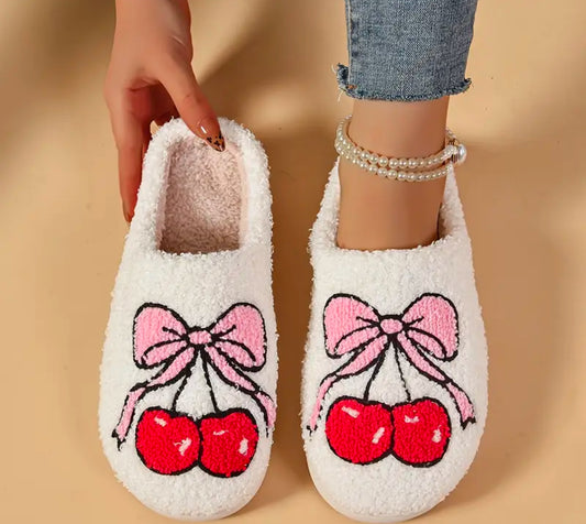Fruit Pattern warm indoor slippers | Pink Bow Knot-Red Cherries | lightweight with soft fleece lining | Limited Stocks