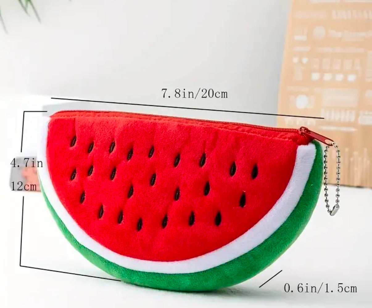 Cartoon Fruit Plush Accessories Purse with Zipper | Red Watermelon shape | Soft Elastic Fabric