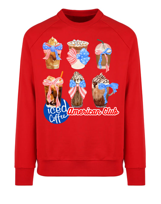 Iced Coffee Bows American Club sweatshirt | Red+Blue | Full Chest