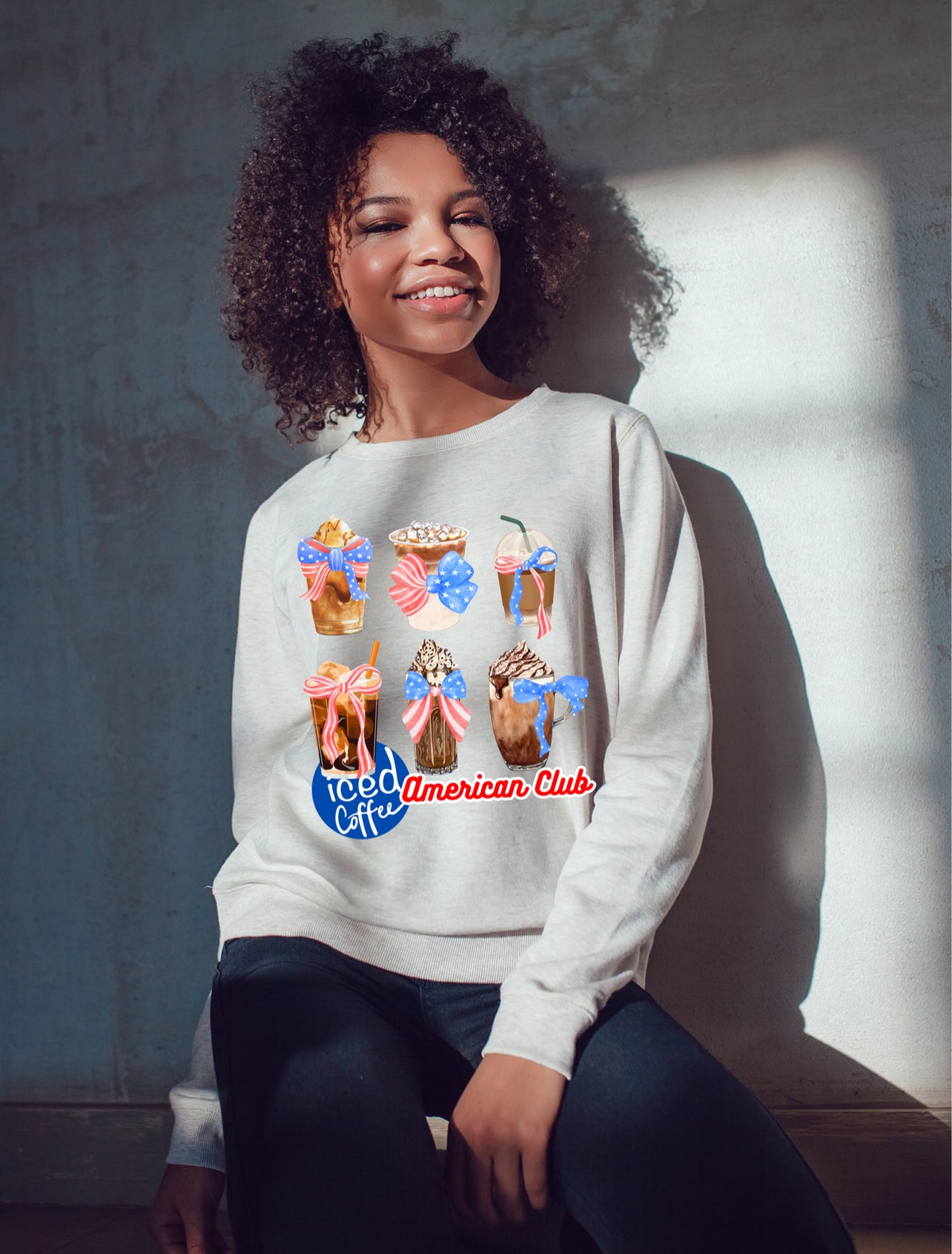 Iced Coffee Bows American Club sweatshirt | Red+Blue | Full Chest