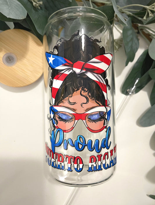 Proud Puerto Rican Lady beercan glasscup set | 20 oz | One side only Permanent UV DTF | Clearance Sale