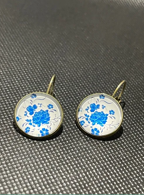 Blue Flower Porcelain bronze hook Earrings | Alloy Fashion Accessory | 1pair |