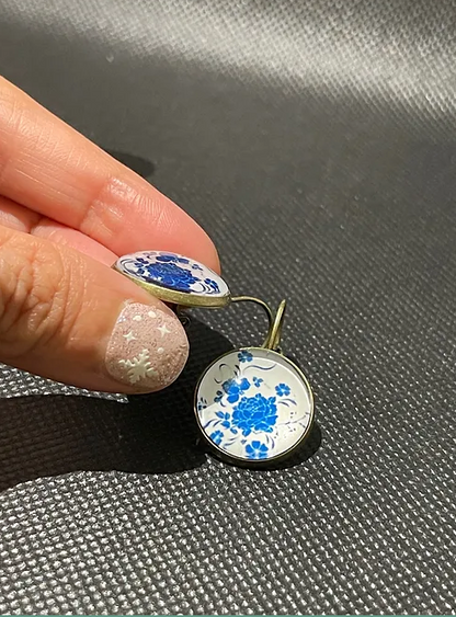 Blue Flower Porcelain bronze hook Earrings | Alloy Fashion Accessory | 1pair |
