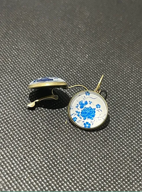 Blue Flower Porcelain bronze hook Earrings | Alloy Fashion Accessory | 1pair |