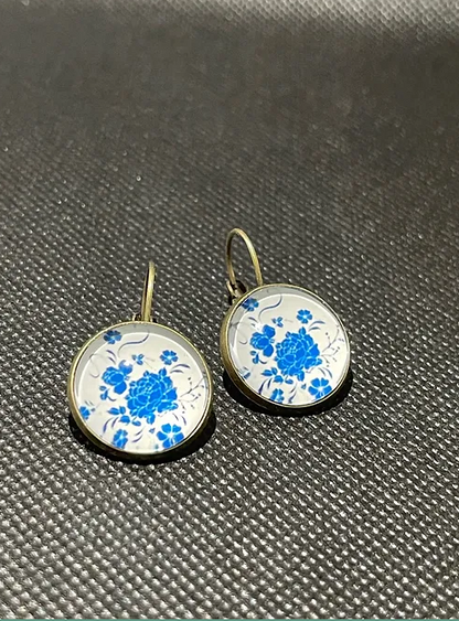 Blue Flower Porcelain bronze hook Earrings | Alloy Fashion Accessory | 1pair |