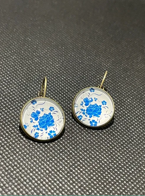 Blue Flower Porcelain bronze hook Earrings | Alloy Fashion Accessory | 1pair |