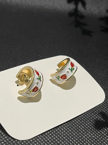 Red Tulip Hoop Earrings | Alloy Fashion Accessory | 1pair |