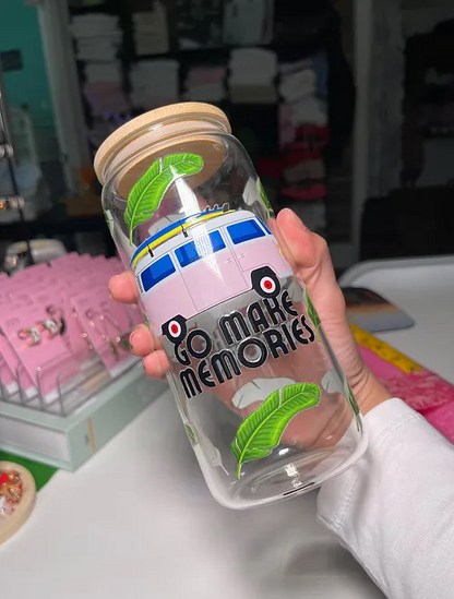 GoMakeMemories Tropical Pink MiniVan beercan glasscup set | LightPink minivan | 20 oz