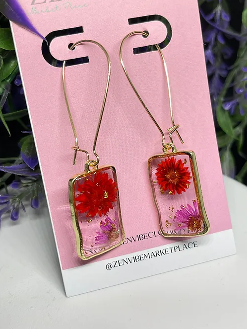 Red+purpleFlower Rectangular Dangling Earrings | Fashion Accessory | 1pair |