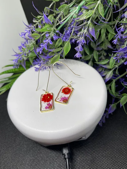 Red+purpleFlower Rectangular Dangling Earrings | Fashion Accessory | 1pair |