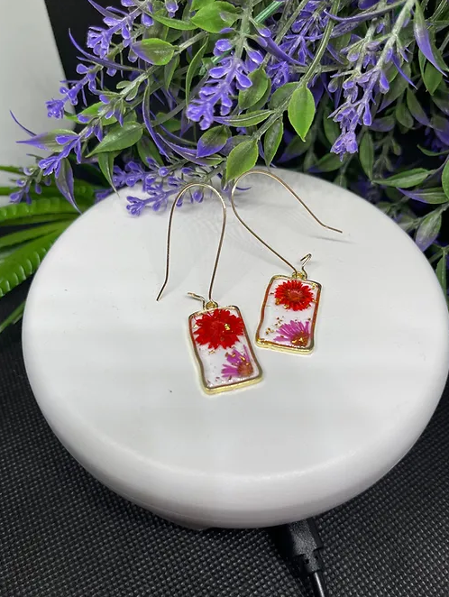 Red+purpleFlower Rectangular Dangling Earrings | Fashion Accessory | 1pair |