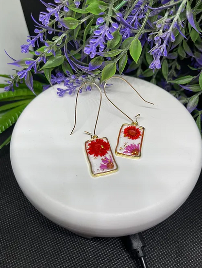 Red+purpleFlower Rectangular Dangling Earrings | Fashion Accessory | 1pair |