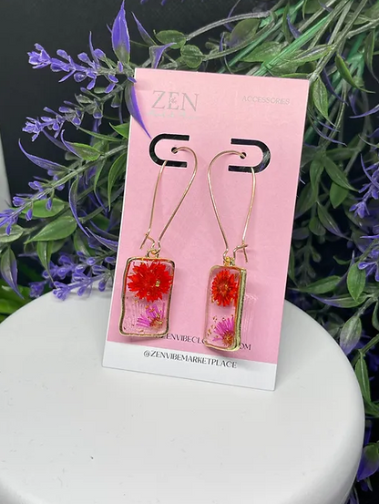 Red+purpleFlower Rectangular Dangling Earrings | Fashion Accessory | 1pair |