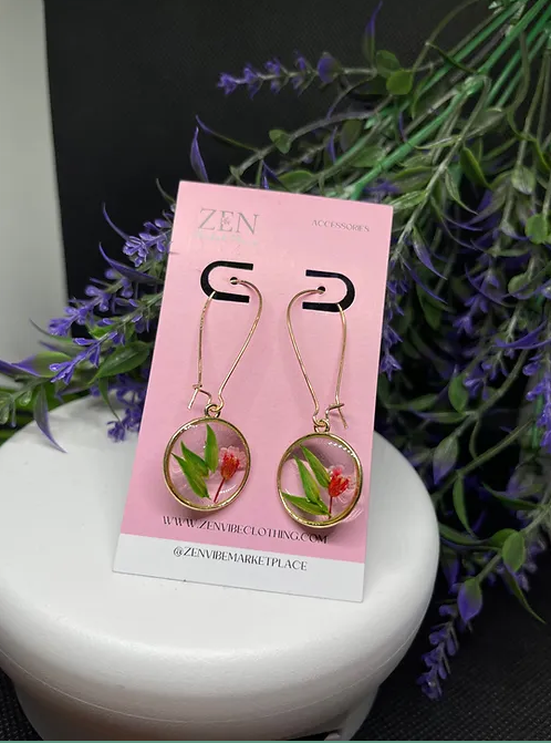 GreenLeaf RedFlower Round Dangling Earrings | Fashion Accessory | 1pair |