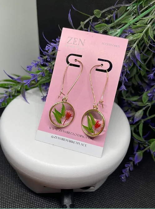 GreenLeaf RedFlower Round Dangling Earrings | Fashion Accessory | 1pair |