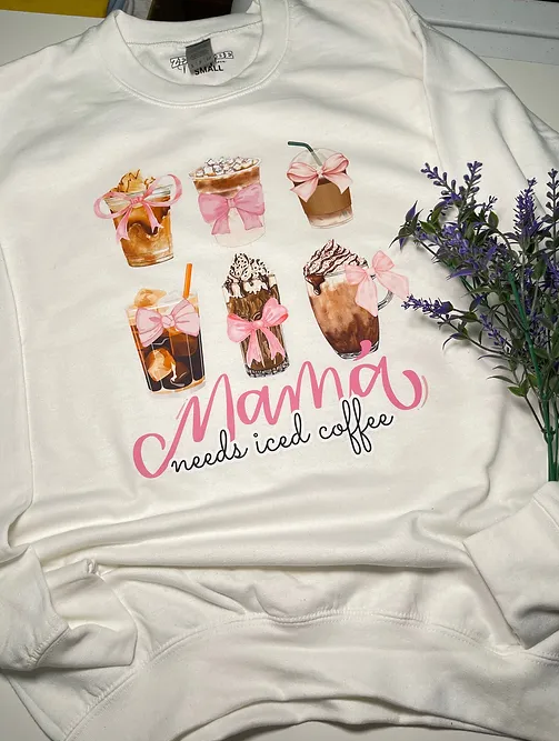 Mama Needs Iced Coffee-Pink Ribbon sweatshirt | adult Unisex size